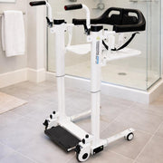 Bath lift in a bathroom setting with tiled floor and shower in the background