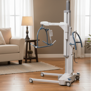 Medical lift in a home setting with a chair and lamp in the background